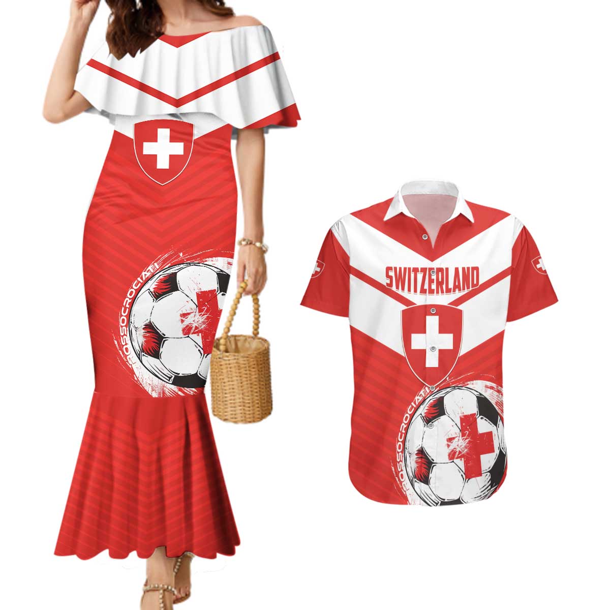 Custom Switzerland 2024 Football Couples Matching Mermaid Dress and Hawaiian Shirt Rossocrociati Go Champions - Wonder Print Shop