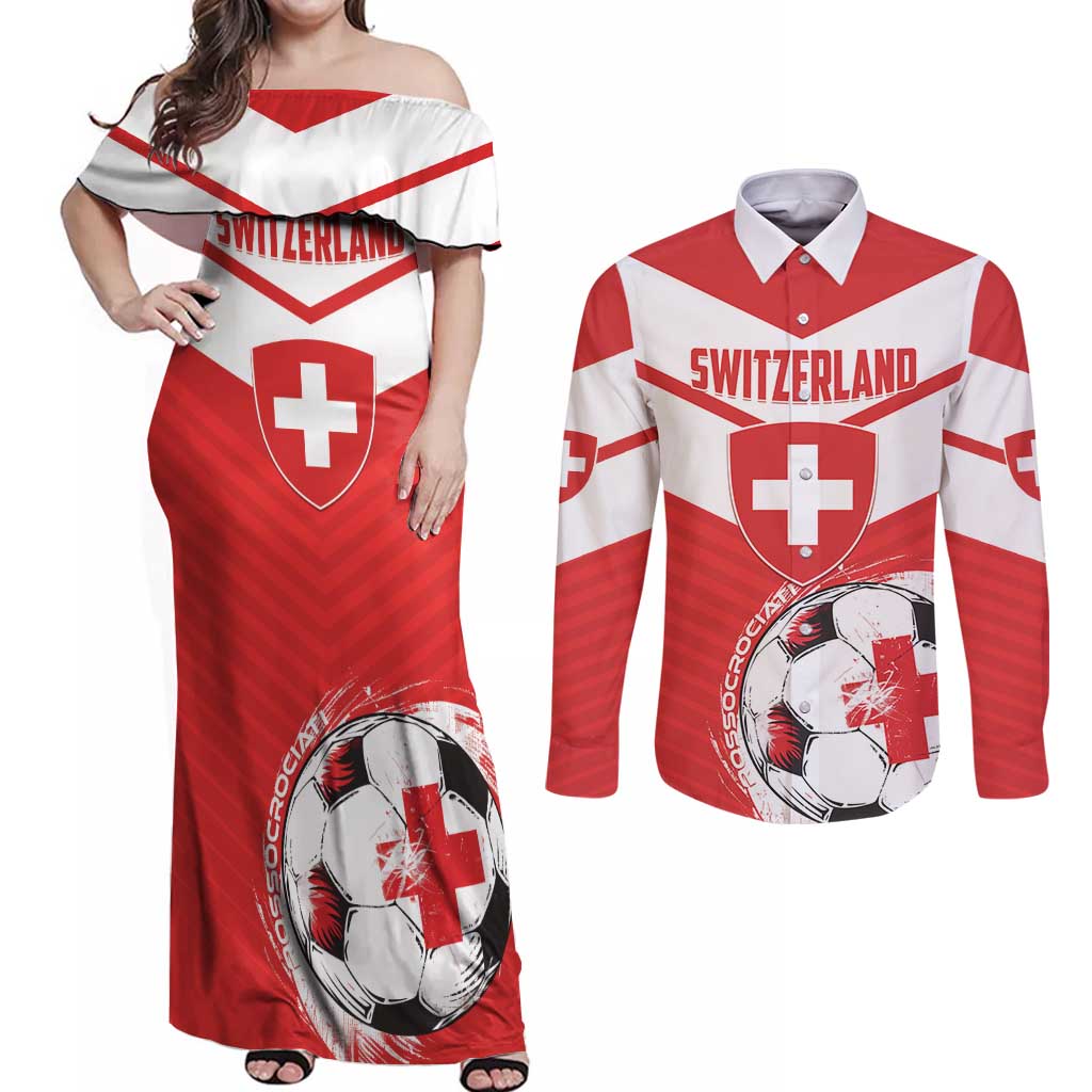 Custom Switzerland 2024 Football Couples Matching Off Shoulder Maxi Dress and Long Sleeve Button Shirt Rossocrociati Go Champions - Wonder Print Shop