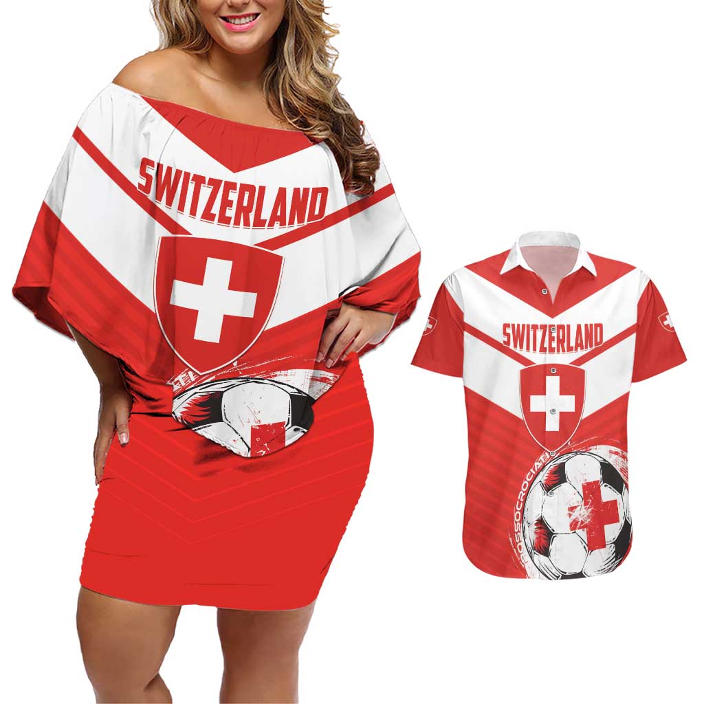 Custom Switzerland 2024 Football Couples Matching Off Shoulder Short Dress and Hawaiian Shirt Rossocrociati Go Champions - Wonder Print Shop