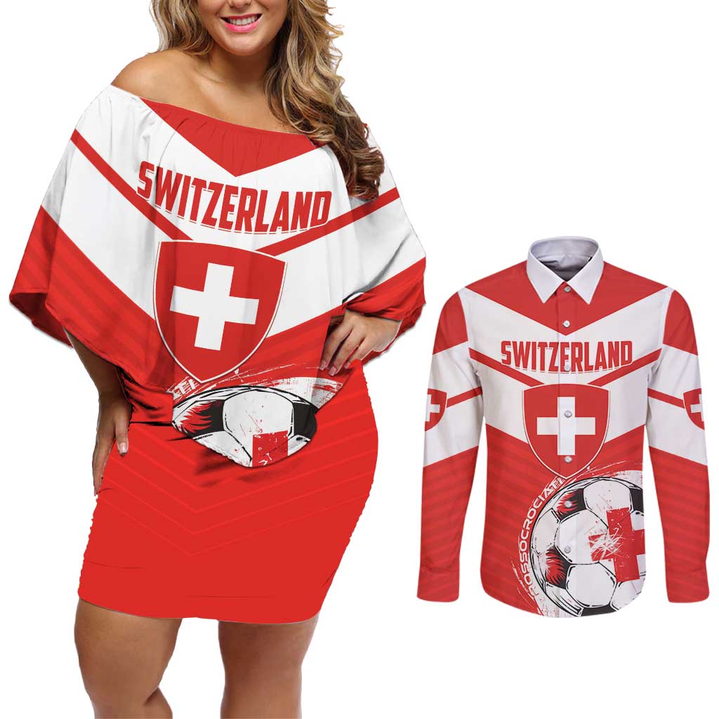 Custom Switzerland 2024 Football Couples Matching Off Shoulder Short Dress and Long Sleeve Button Shirt Rossocrociati Go Champions - Wonder Print Shop