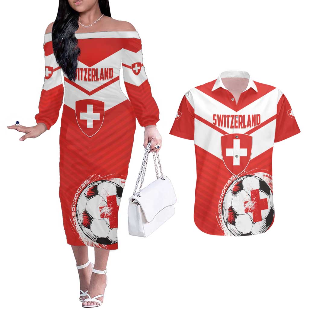 Custom Switzerland 2024 Football Couples Matching Off The Shoulder Long Sleeve Dress and Hawaiian Shirt Rossocrociati Go Champions - Wonder Print Shop