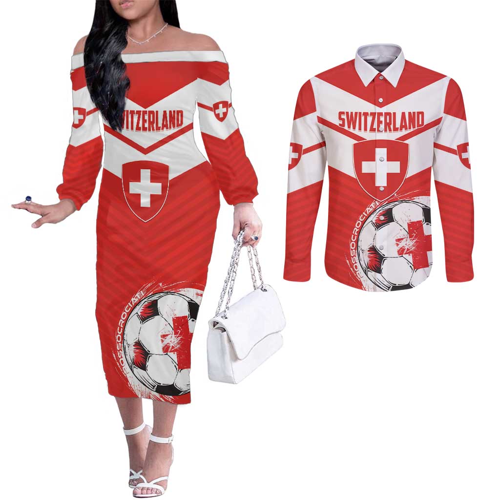 Custom Switzerland 2024 Football Couples Matching Off The Shoulder Long Sleeve Dress and Long Sleeve Button Shirt Rossocrociati Go Champions