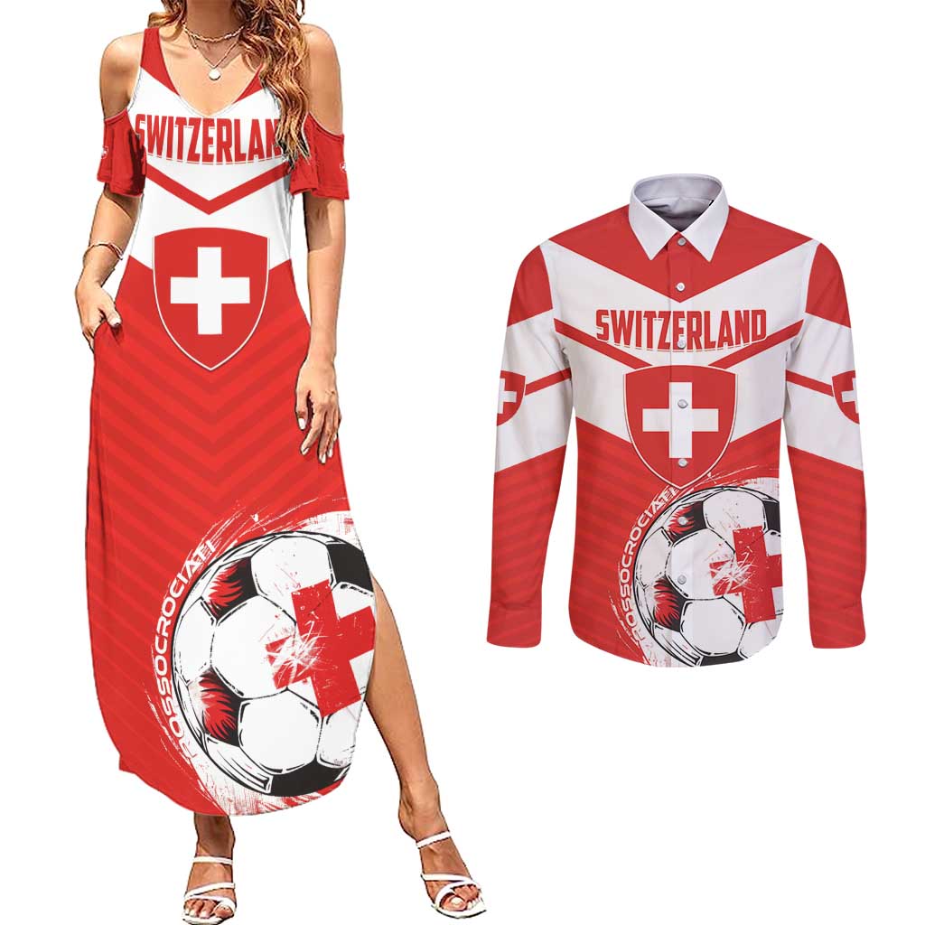 Custom Switzerland 2024 Football Couples Matching Summer Maxi Dress and Long Sleeve Button Shirt Rossocrociati Go Champions - Wonder Print Shop