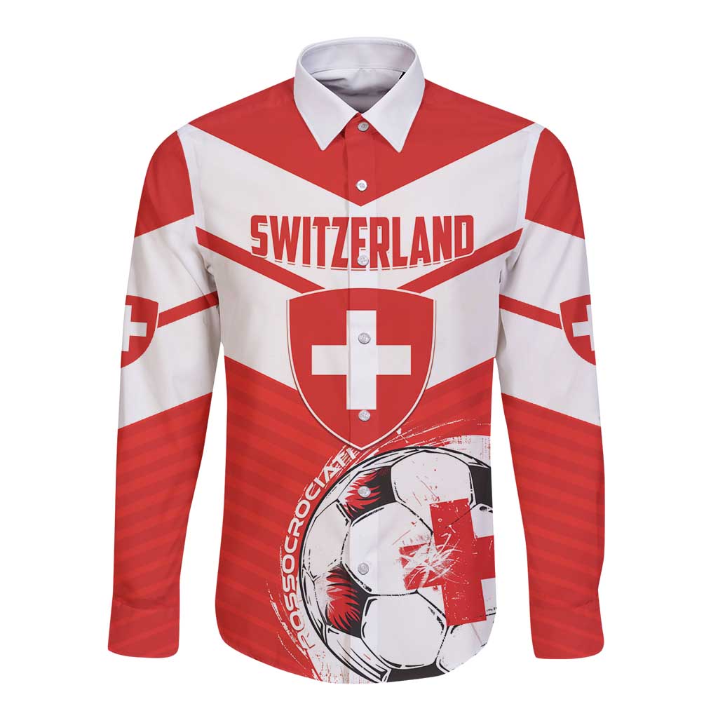 Red & white long-sleeve button football shirt, front crest and soccer graphic