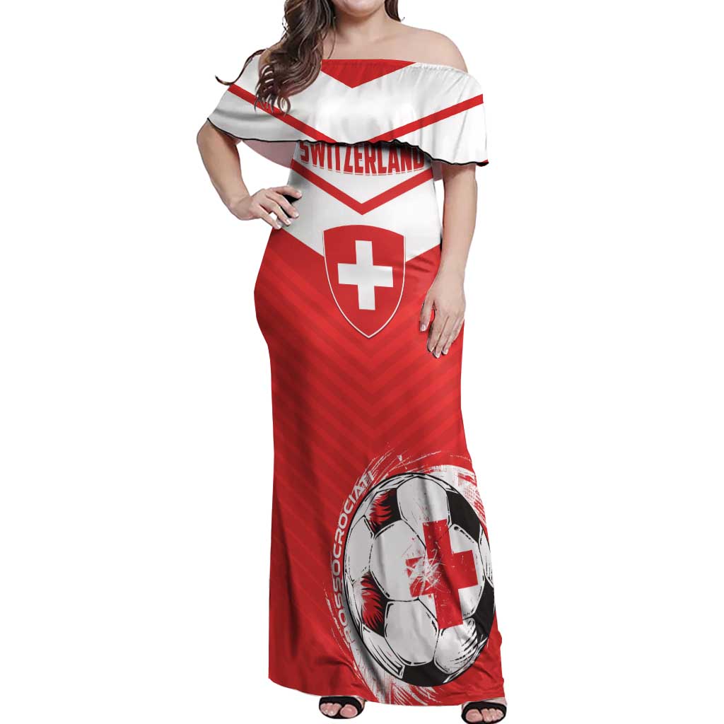 Custom Switzerland 2024 Football Off Shoulder Maxi Dress Rossocrociati Go Champions - Wonder Print Shop