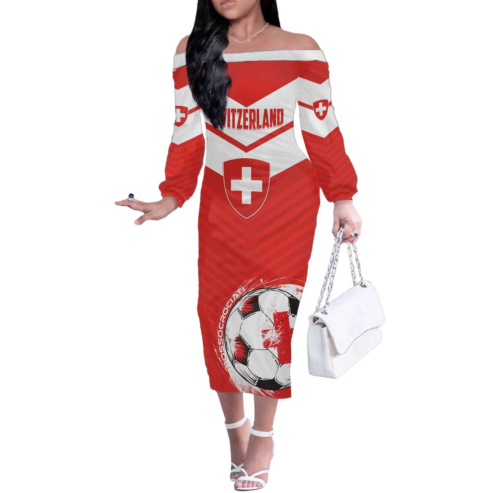 Custom Switzerland 2024 Football Off The Shoulder Long Sleeve Dress Rossocrociati Go Champions - Wonder Print Shop