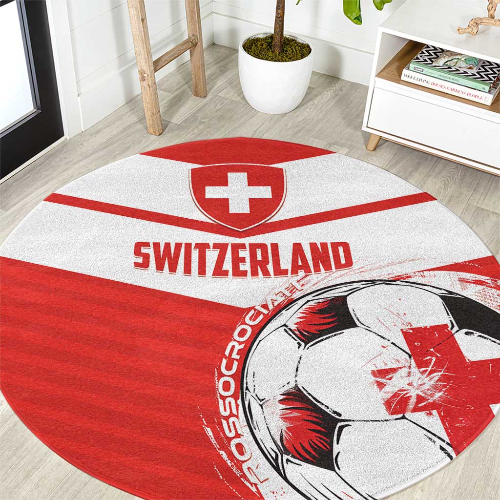 Red and white round football rug with Switzerland cross and soccer ball graphic