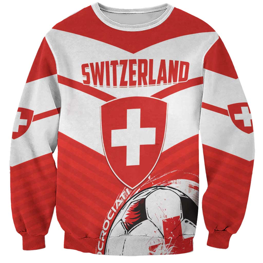 Red and white football sweatshirt with SWITZERLAND text and Switzerland shield cross graphic
