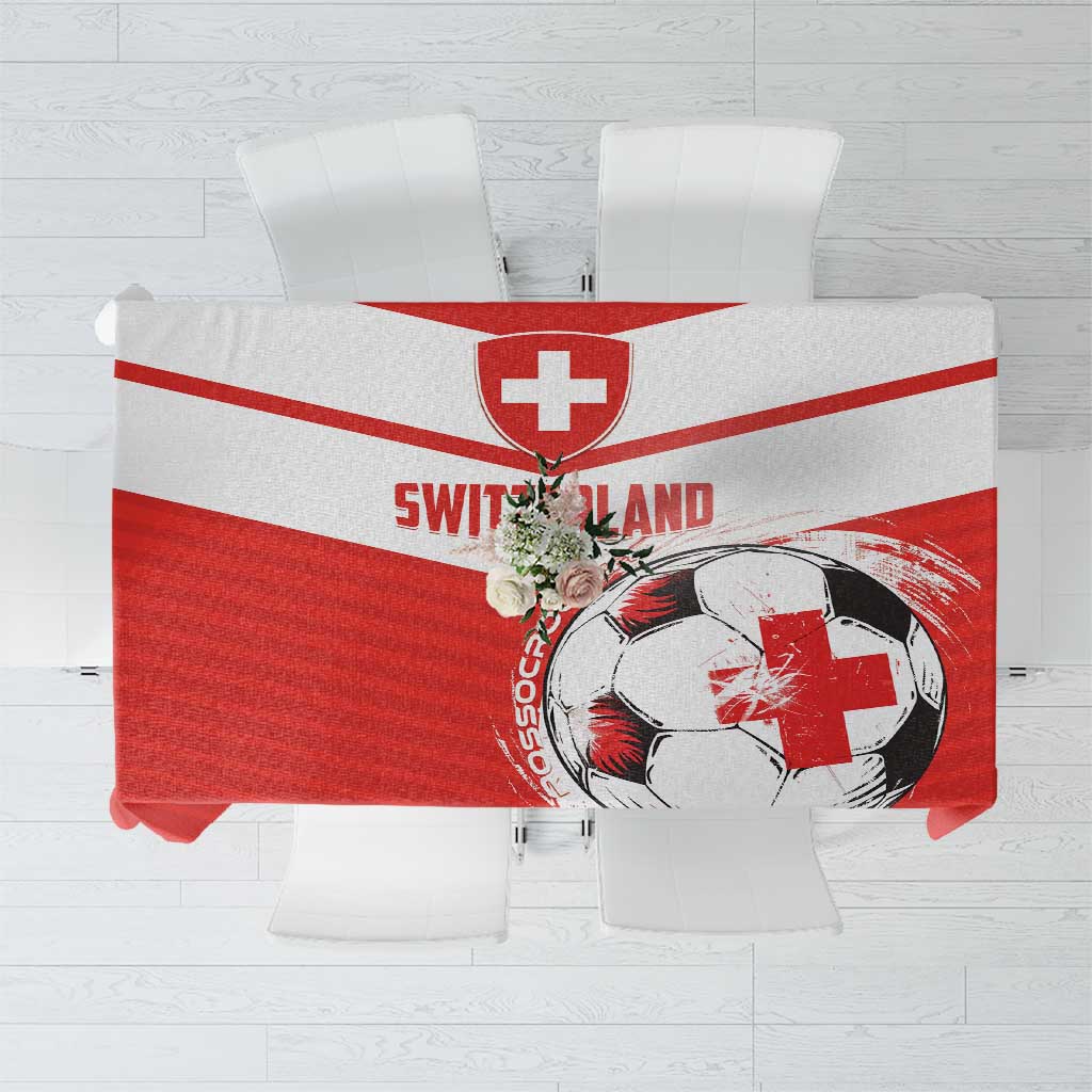 Red Switzerland football tablecloth with Swiss cross, soccer ball, and text design