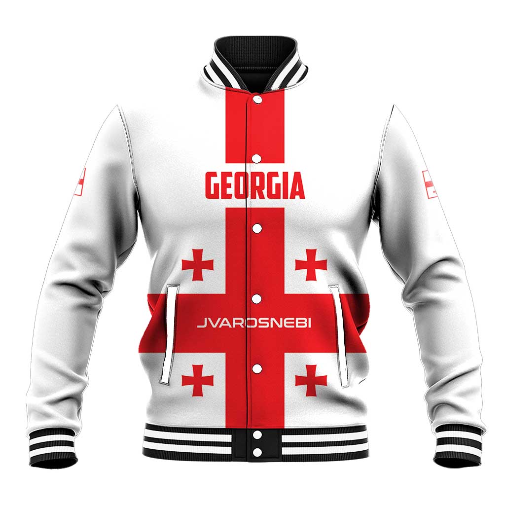 Unisex baseball jacket with red front panel, Georgia lettering, and cross accents