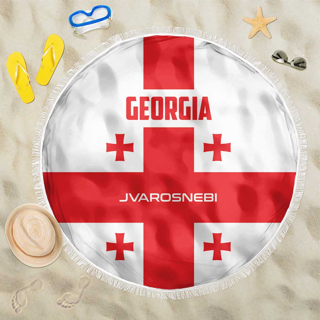 Georgia beach blanket with fringe edge, round red-and-white flag cross design