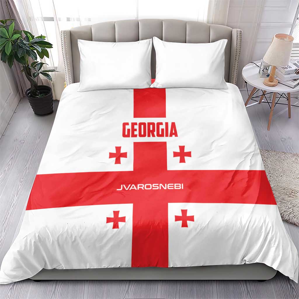 Georgia bedding set: white duvet with large red cross, plus red Georgia text and crosses.