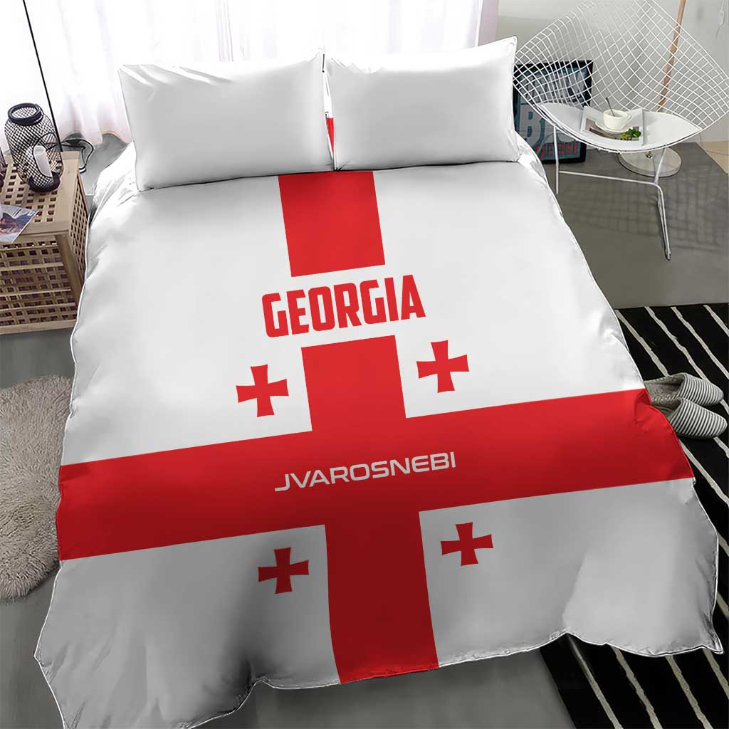Georgia football bedding set with white and red cross design and bold centered Georgia text.