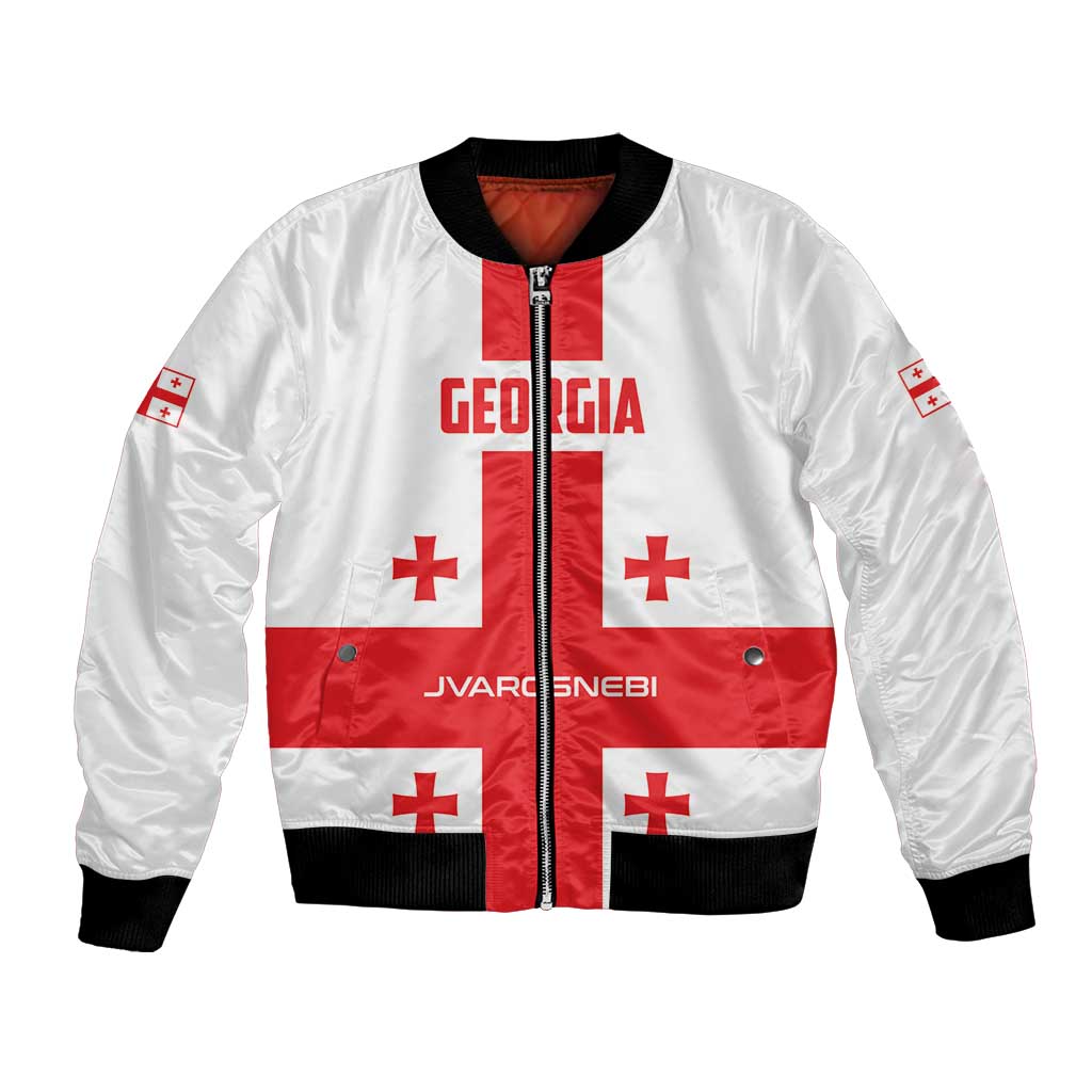 Red and white football bomber jacket with Georgia crest and zip front