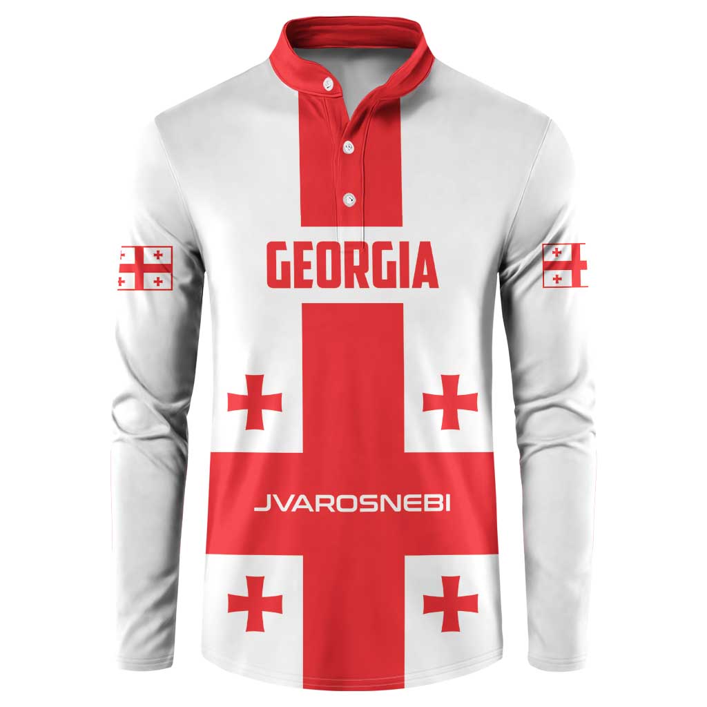 Red and white button henley sweatshirt with Georgia flag print on front