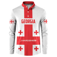 Red and white button henley sweatshirt with Georgia flag print on front