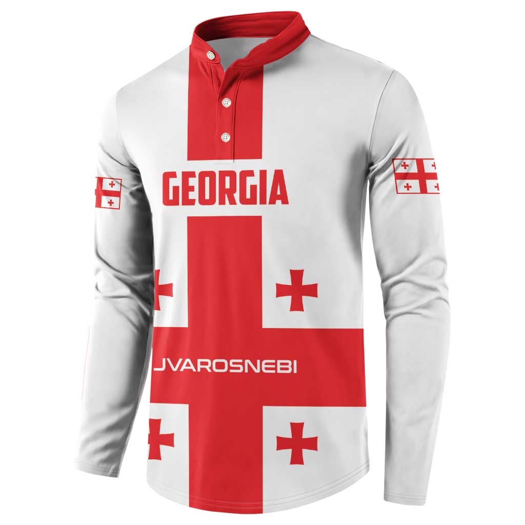 Red and white button henley sweatshirt, front Georgia flag print and sleeve emblems