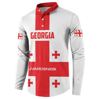 Red and white button henley sweatshirt, front Georgia flag print and sleeve emblems