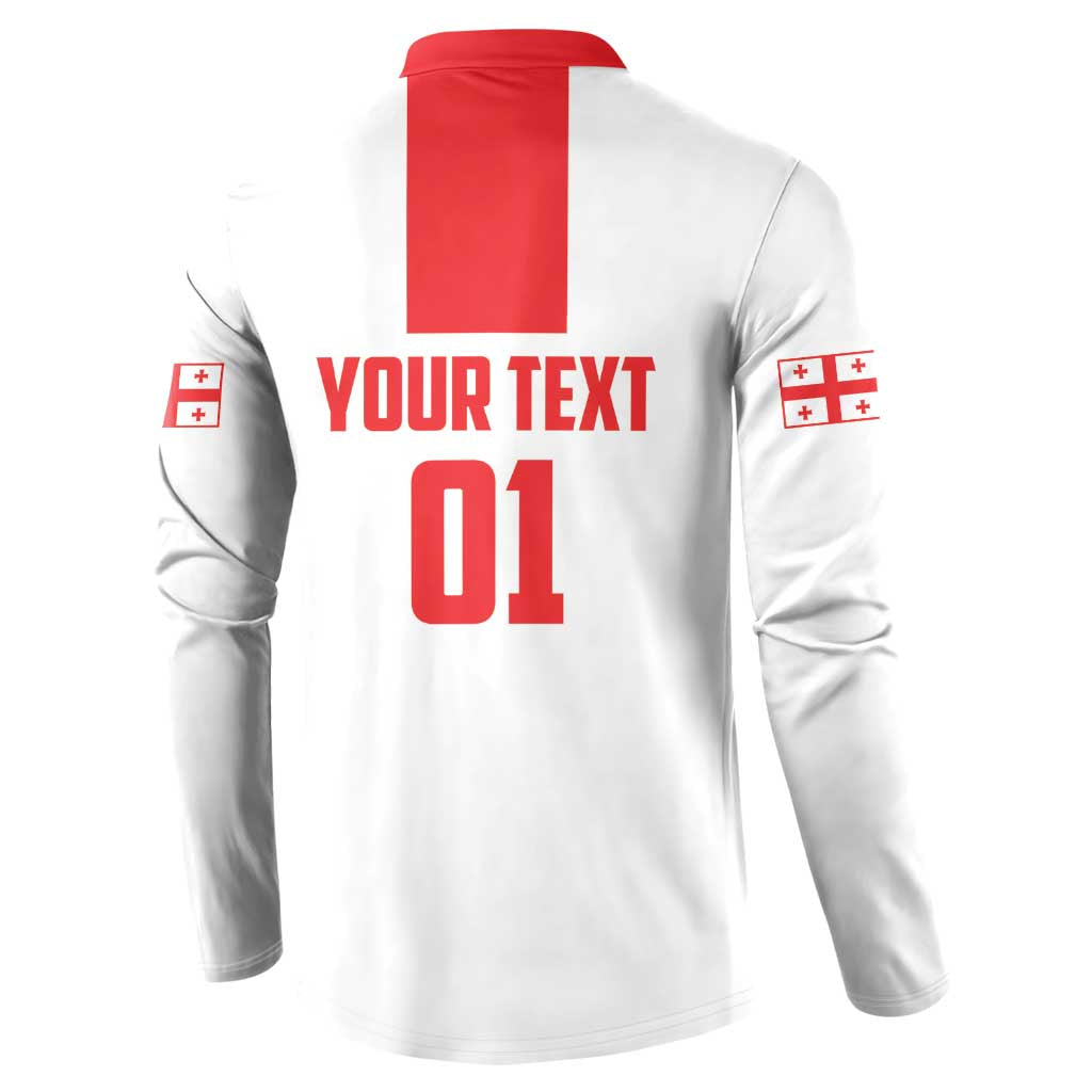 White and red button henley sweatshirt back with YOUR TEXT 01 and emblem crosses