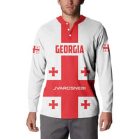 Red and white button henley sweatshirt with Georgia flag graphic and red collar