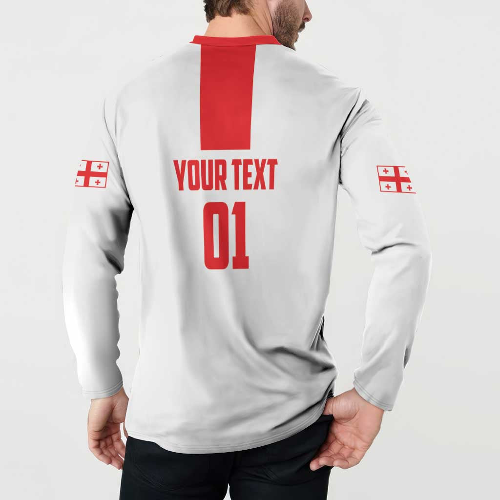 White button henley sweatshirt back with red YOUR TEXT 01 design and sleeve emblems