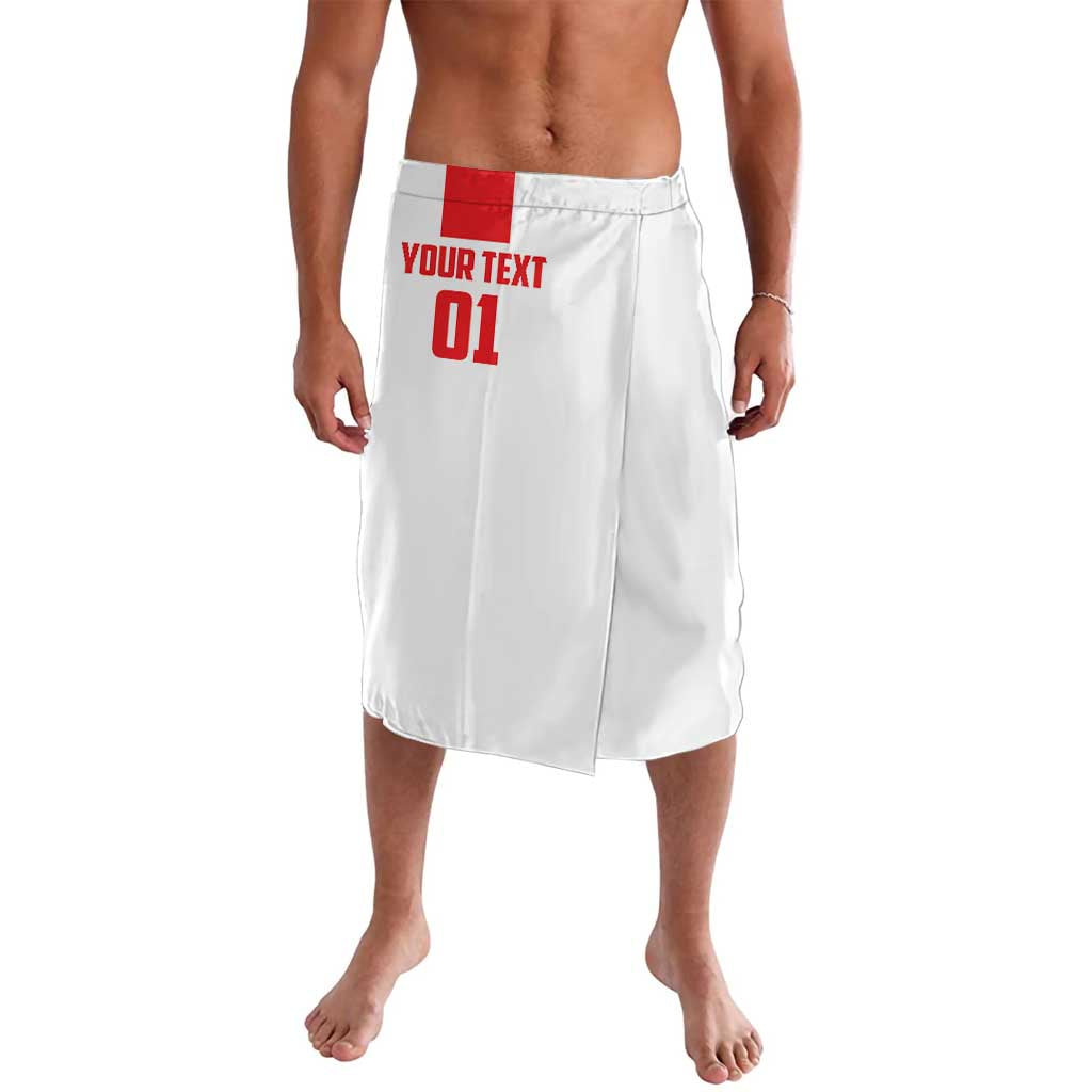 White football lavalava with red waistband and '01' front text