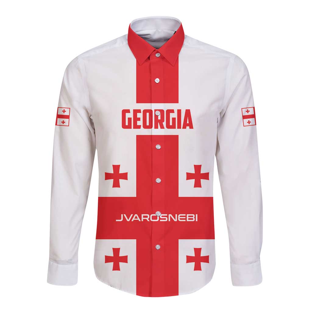 Red-and-white long sleeve button shirt with Georgia front print and cross accents