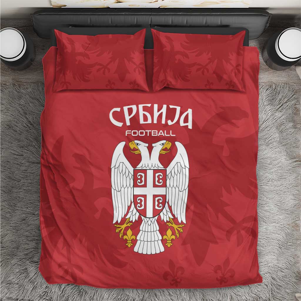 Red Serbia football bedding set with crest and “SRBIJA FOOTBALL” on duvet and pillowcases