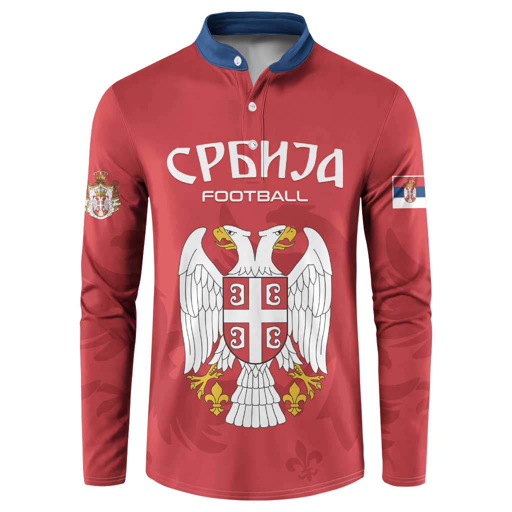 Red football button sweatshirt with blue collar and Serbia eagle crest graphic