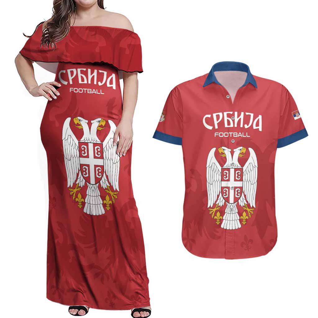 Custom Serbia 2024 Football Couples Matching Off Shoulder Maxi Dress and Hawaiian Shirt Srbija Go Champions - Wonder Print Shop