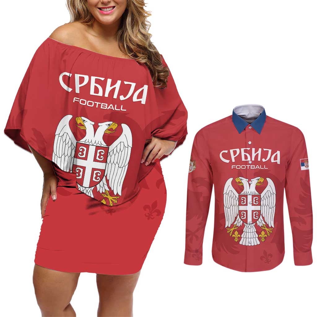 Custom Serbia 2024 Football Couples Matching Off Shoulder Short Dress and Long Sleeve Button Shirt Srbija Go Champions - Wonder Print Shop