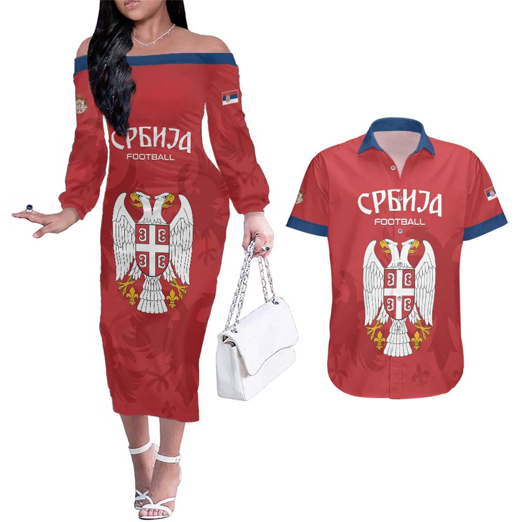 Custom Serbia 2024 Football Couples Matching Off The Shoulder Long Sleeve Dress and Hawaiian Shirt Srbija Go Champions - Wonder Print Shop