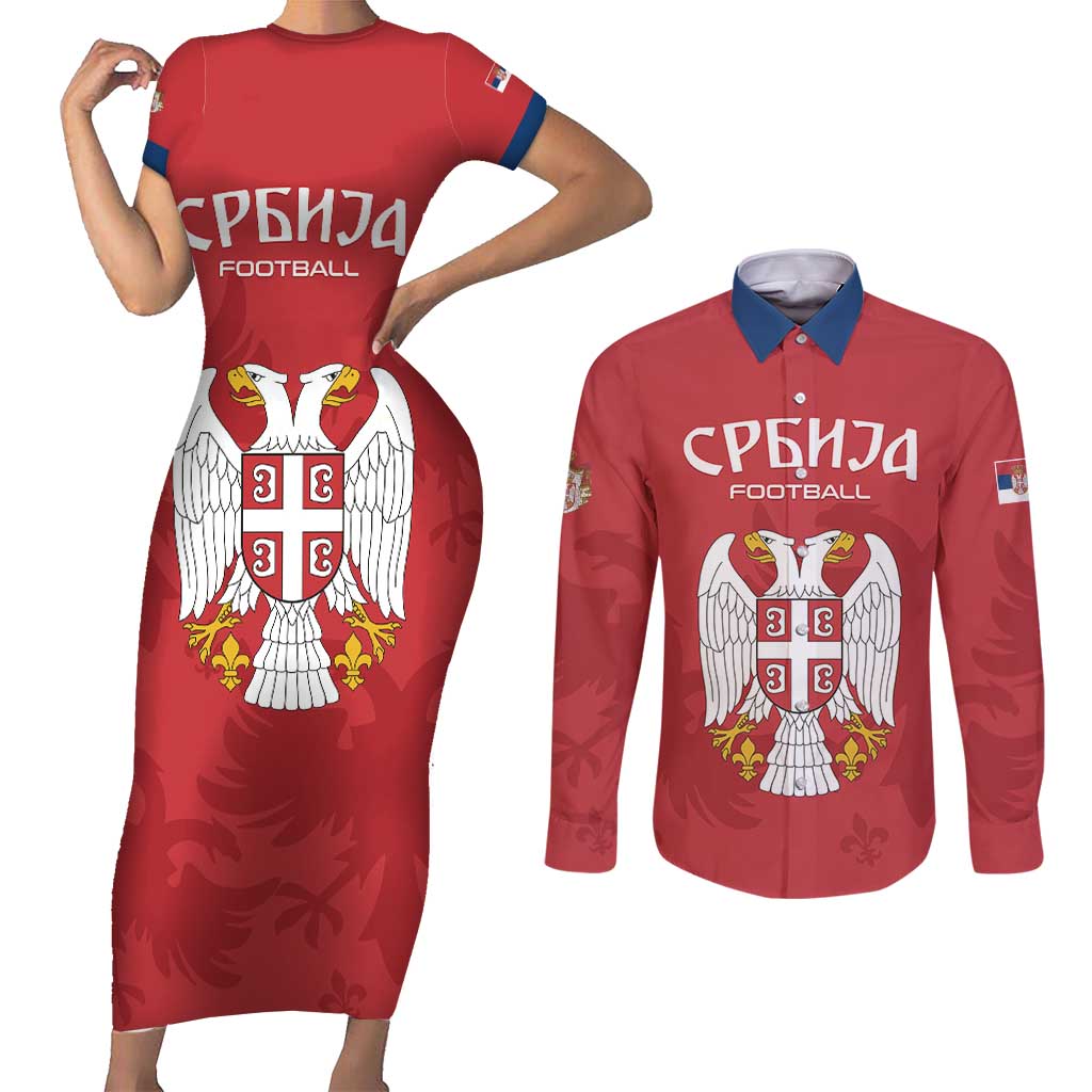 Custom Serbia 2024 Football Couples Matching Short Sleeve Bodycon Dress and Long Sleeve Button Shirt Srbija Go Champions - Wonder Print Shop