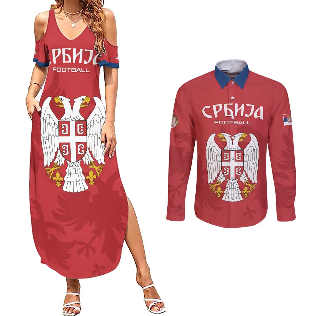 Custom Serbia 2024 Football Couples Matching Summer Maxi Dress and Long Sleeve Button Shirt Srbija Go Champions - Wonder Print Shop