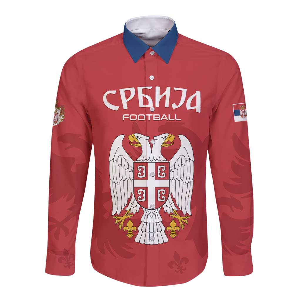 Red long-sleeve football button shirt with blue collar and Serbia front emblem