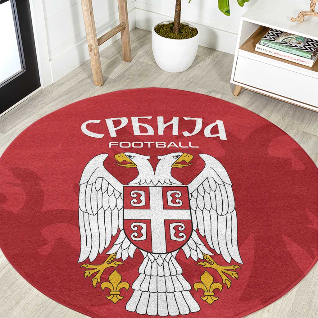 Red round Serbia football rug with large crest and wings, Cyrillic text
