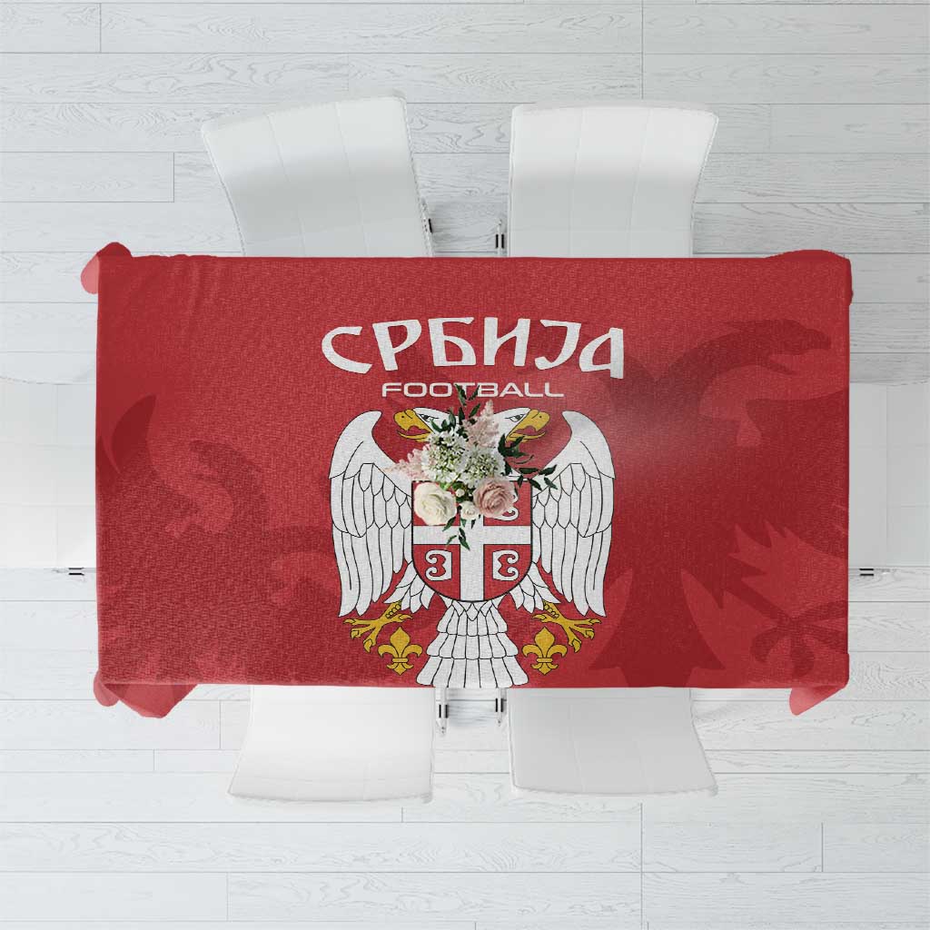 Red Serbia football tablecloth with SRBIJA crest and winged emblem, rectangular