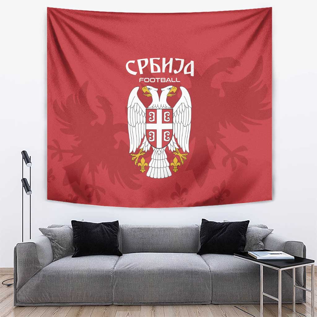 Red Serbia football tapestry with national crest and white lettering