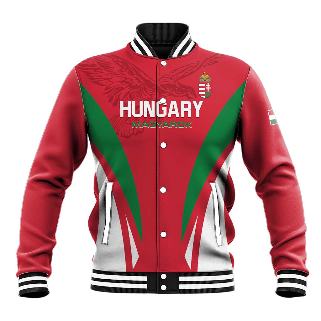 Red snap-front baseball jacket with green/white diagonal panels and Hungary graphic