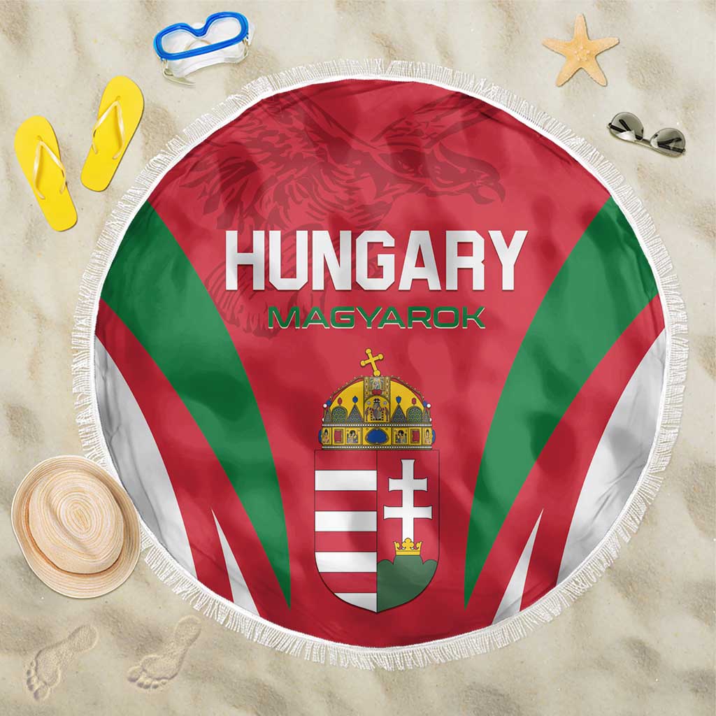Round red, green, and white Hungary flag beach blanket with fringe edge and crest