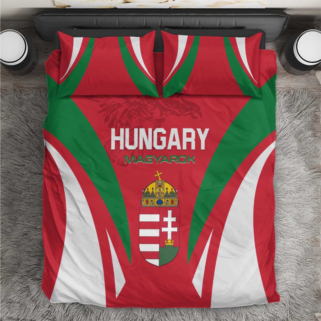 Hungary themed football bedding set with red, green, and white crest design