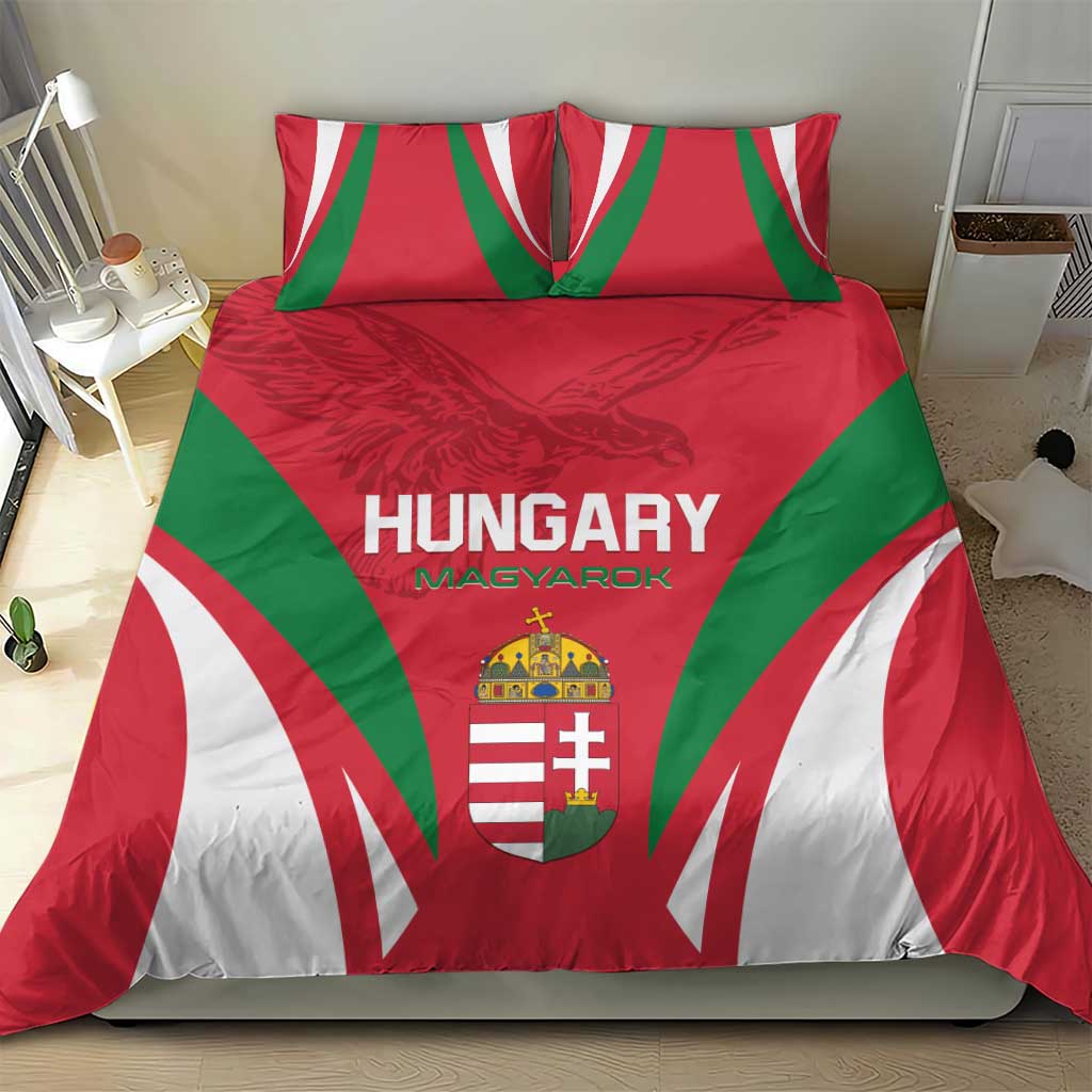 Hungary football bedding set with red and white rays, green center panel, crest