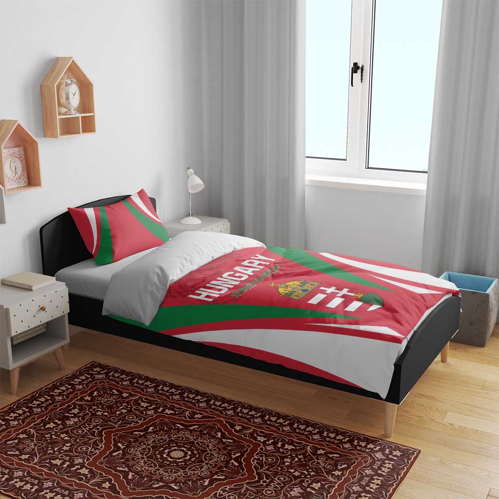 Hungary football bedding set on bed with red, white, green crest front panel