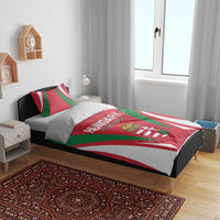 Hungary football bedding set on bed with red, white, green crest front panel