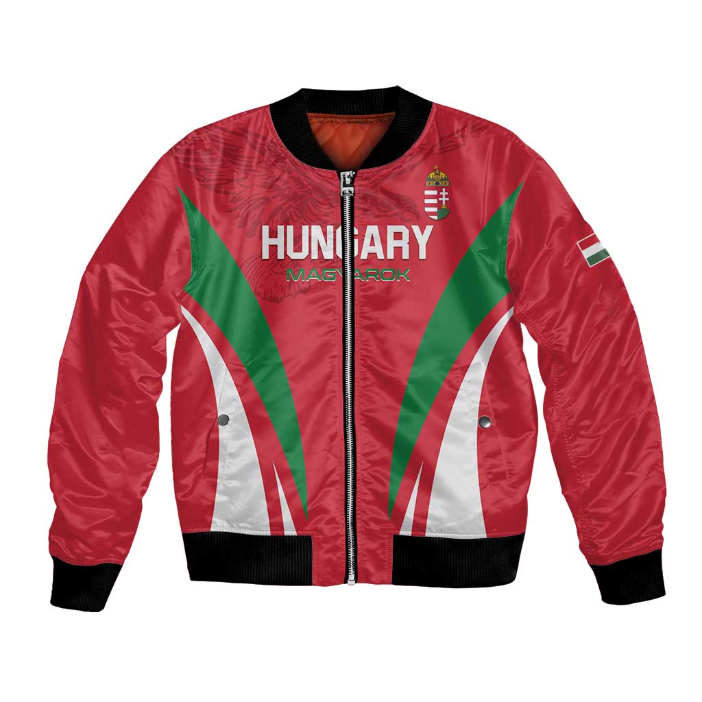 Red bomber jacket with full zipper, black rib cuffs, Hungary Magyarok crest and stripe flag