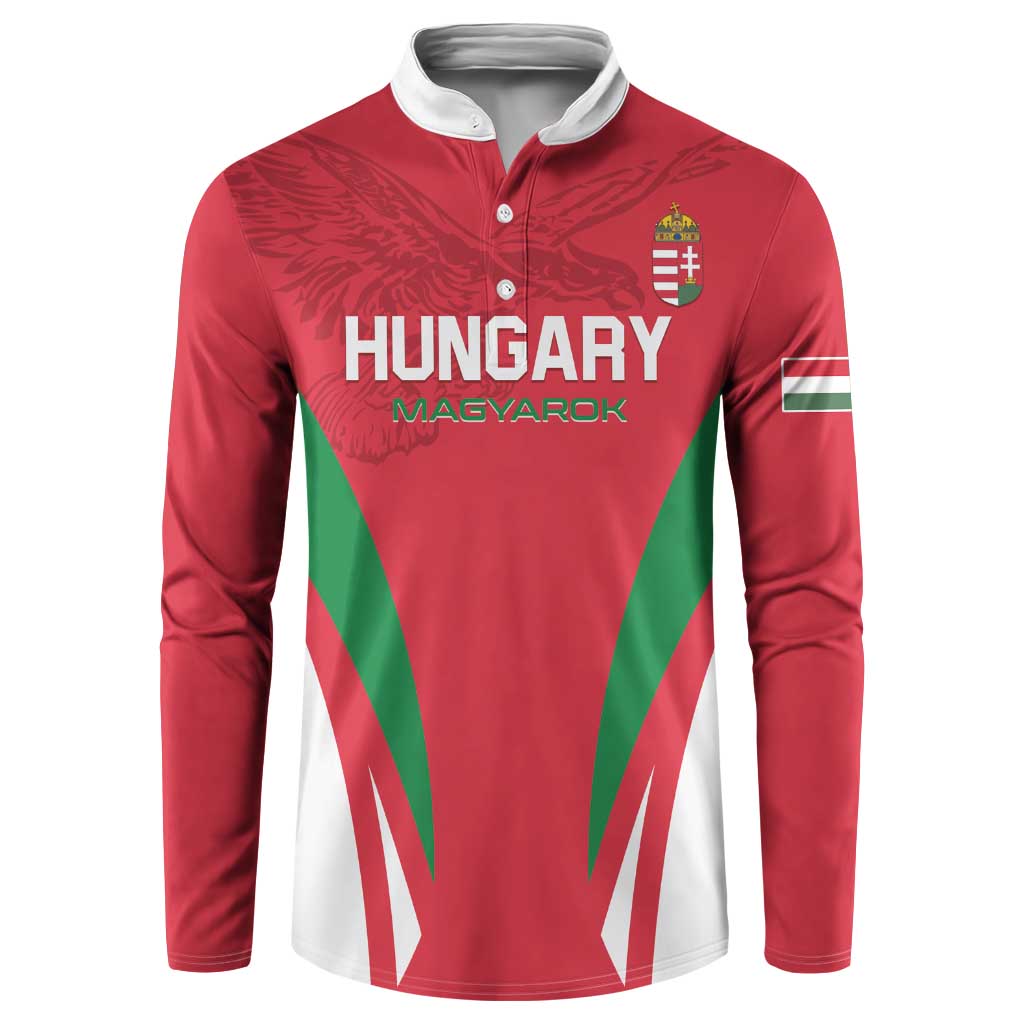 Red football button sweatshirt front with HUNGARY MAGYAROK text, crest and green/white V