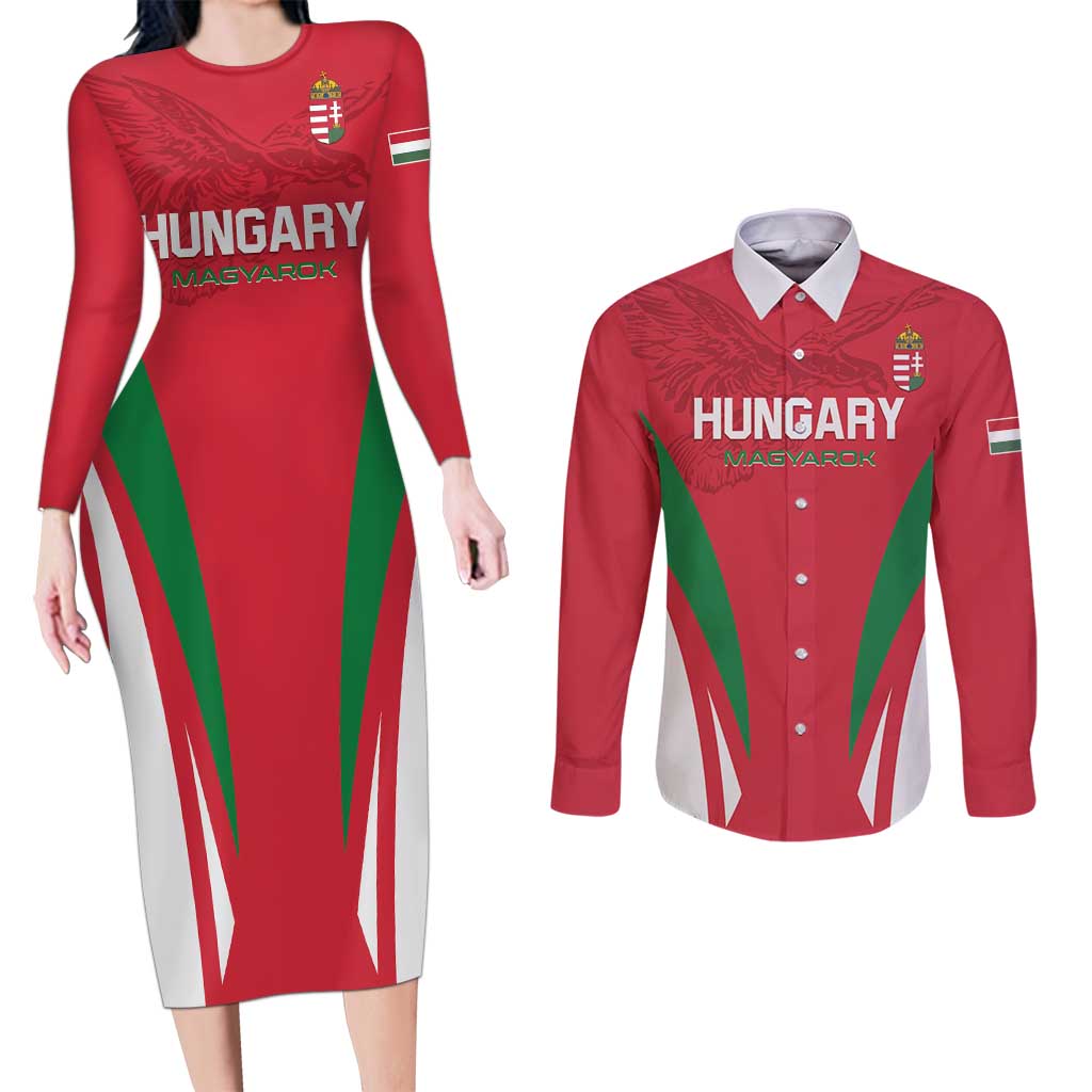 Custom Hungary 2024 Football Couples Matching Long Sleeve Bodycon Dress and Long Sleeve Button Shirt Hajra Magyarok - Wonder Print Shop