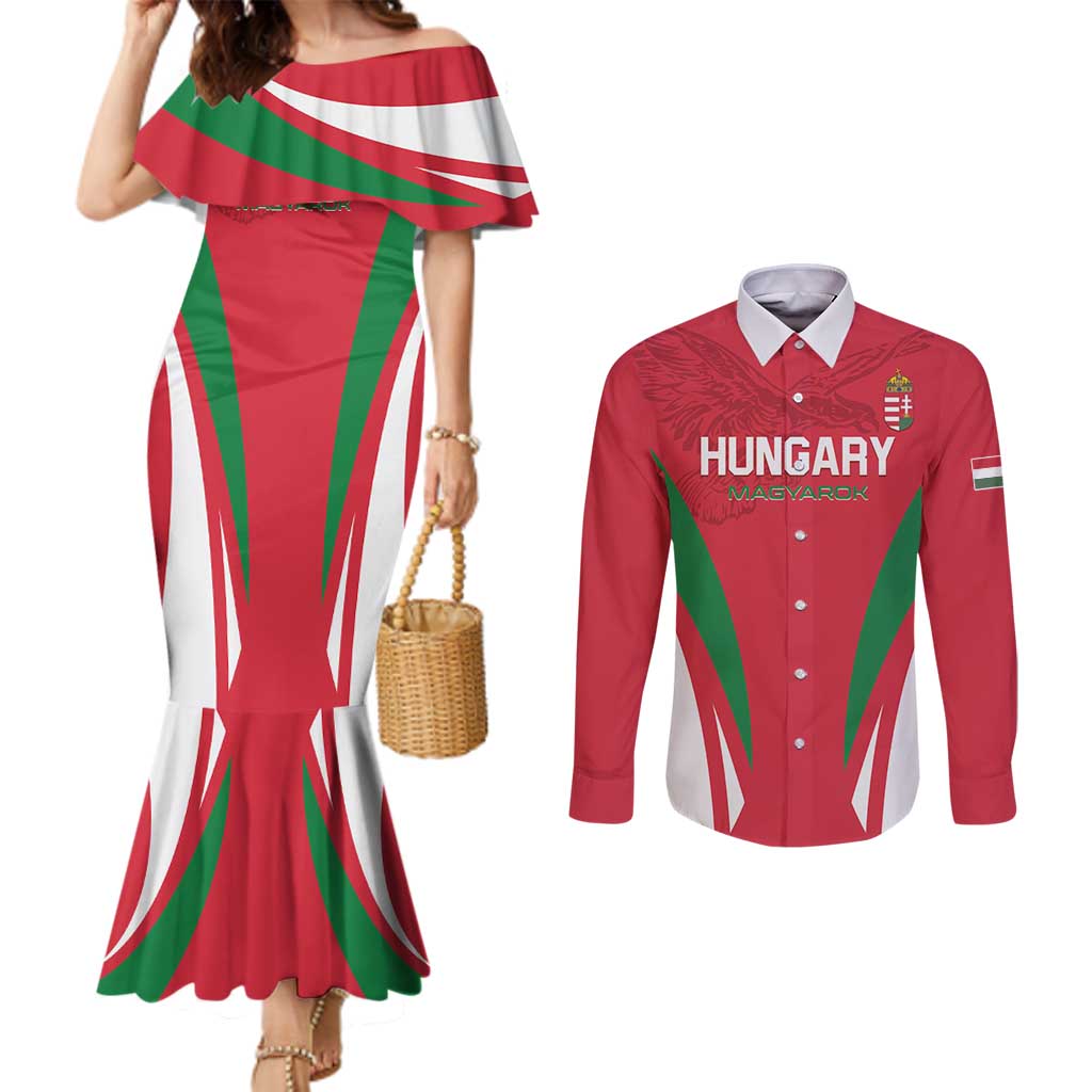 Custom Hungary 2024 Football Couples Matching Mermaid Dress and Long Sleeve Button Shirt Hajra Magyarok