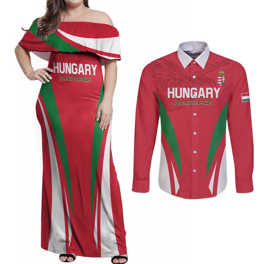 Custom Hungary 2024 Football Couples Matching Off Shoulder Maxi Dress and Long Sleeve Button Shirt Hajra Magyarok - Wonder Print Shop