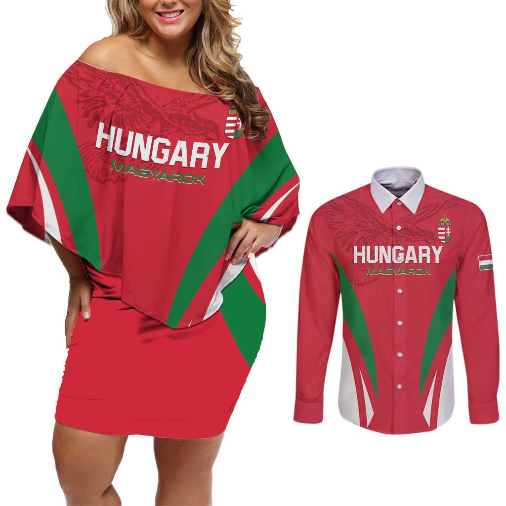 Custom Hungary 2024 Football Couples Matching Off Shoulder Short Dress and Long Sleeve Button Shirt Hajra Magyarok - Wonder Print Shop